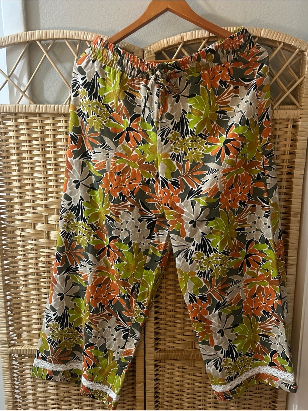 Anne Klein Wide Leg Pull-On Palazzo Pants Retro Floral Drawstring Size Med